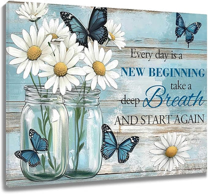 LB Farmhouse Daisy Butterfly Wall Art Rustic Floral and Inspirational Positive Saying Canvas Art Vintage Flower Wall Decor for Bedroom Living Room Bathroom Framed Ready to Hang 12L x 16W