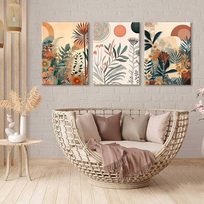 LYPHNX Framed Boho Burnt Orange Botanical Floral Canvas Wall Art Abstract Terracotta Jungle Poster Pictures Set of 3 Flower Prints Painting Home Decor for Bathroom Bedroom Living Room 16"x24"