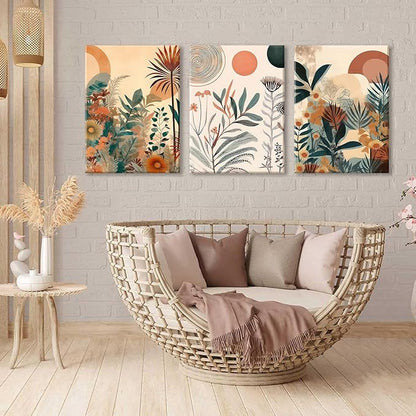 LYPHNX Framed Boho Burnt Orange Botanical Floral Canvas Wall Art Abstract Terracotta Jungle Poster Pictures Set of 3 Flower Prints Painting Home Decor for Bathroom Bedroom Living Room 12"x16"