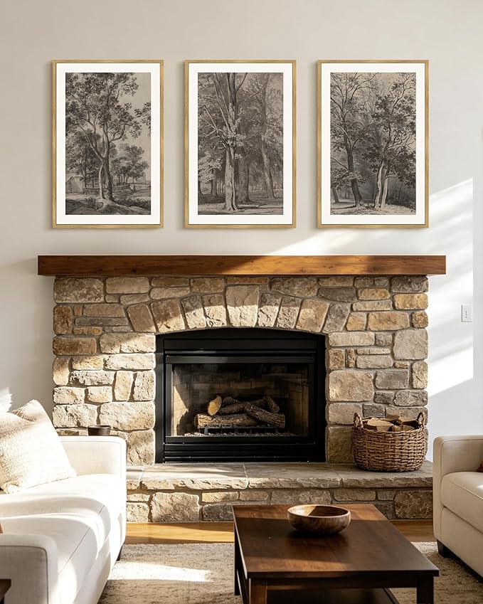 PHOPAGO Vintage Tree Framed Wall Art Large 16x24in Retro Forest Wall Decor Nature Wilderness Sketch Paints Modern Bedroom Living Room Decor - Natural Framed
