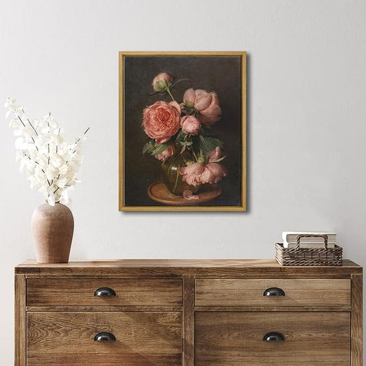 Pyradecor Vintage Home Decor Framed Canvas Wall Art Pfingstrosen Classical Floral Painting Artwork for Living Room Bedroom Farmhouse Decorations
