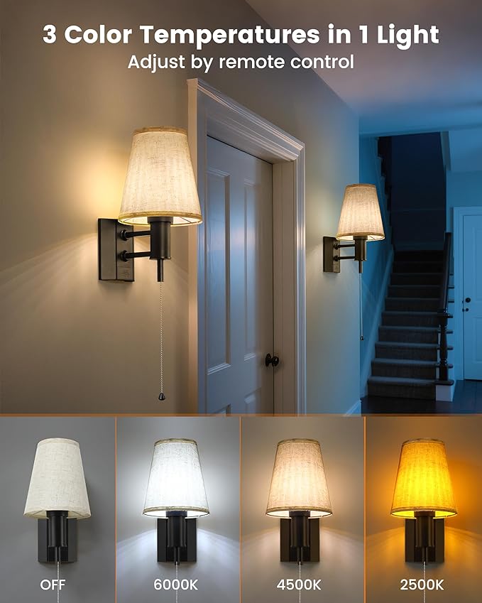 TECOMLIGHT Rechargeable Battery Operated Wall Sconces Set of 2, Wireless LED Wall Lights with Remote & On/Off Pull Chain, Wall Mounted Lamp Lighting Fixture for Bedroom Living Room, Matte Black