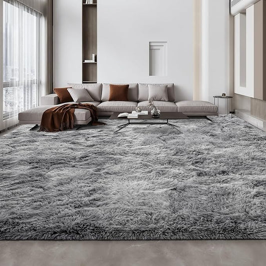Deerhoo Large Shag Area Rugs 10 x 14, Tie-Dyed Plush Fuzzy Rugs for Living Room, Ultra Soft Fluffy Furry Rug for Bedroom, Anti-Skid Indoor Carpet Nursery Rugs for Kids Room Home Decor, Light Grey