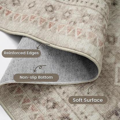 YOH Boho Washable Rug 4x6, Beige Grey Vintage Non Slip Area Rug, Distressed Indoor Carpet for Living Room Bedroom Kitchen Office