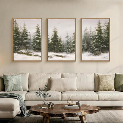 HPNIUB Green Pine Tree Landscape Framed Wall Art Set,Modern Foggy Forest Wall Decor,Nature Tree Woodland Printing,Calming Nordic Wilderness Scenic Artwork for Living Room, Bedroom,Office-16''x24''x3