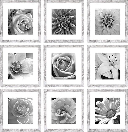 eletecpro 12x12 Picture Frames Set of 9 with Mat for 8x8 Photos or without Mat for 12x12, Square Gallery Wall Decor Collage for Picture Display, Distressed White Frame Set for Wall Hanging