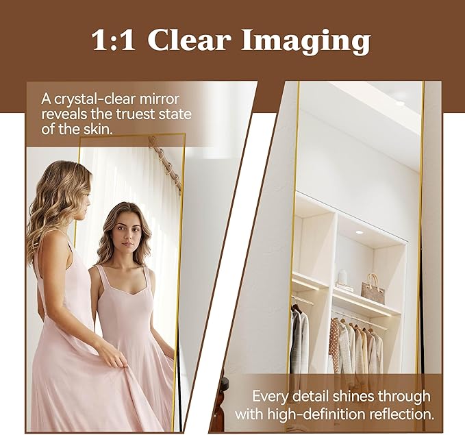 NARCISSUS 57x16 Mirror Door Hanging Full Length Body with Floor Stand or Wall Mounted Metal Aluminum Frame Tempered Glass Rectangle Mirrors for Bedroom Dressing Living Room Bathroom 57 inch Gold