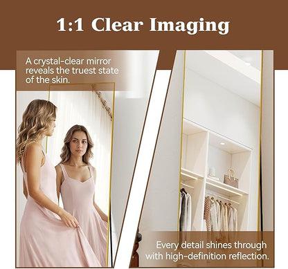 NARCISSUS 57x16 Mirror Door Hanging Full Length Body with Floor Stand or Wall Mounted Metal Aluminum Frame Tempered Glass Rectangle Mirrors for Bedroom Dressing Living Room Bathroom 57 inch Gold