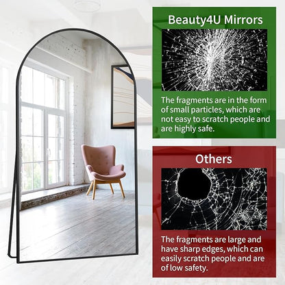 Beauty4U 76" x 37" Arched Full Length Mirror with Stand, Large Floor Mirror for Bedroom & Living Room, HD Tempered Glass Wall Mounted or Leaning Dressing Mirror, Black Metal Frame