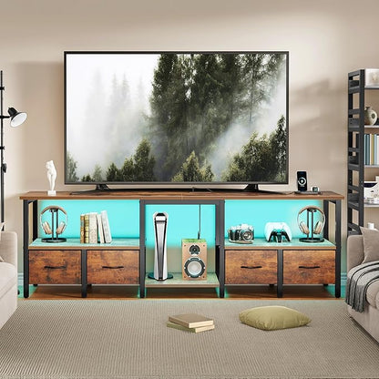 TV Stand for 80/75 Inch TV, LED Entertainment Center with 4 Fabric Drawers and Power Outlets, Modern Industrial TV Media Console for Living Room, Bedroom Storage Cabinet - 71'' Rustic Brown