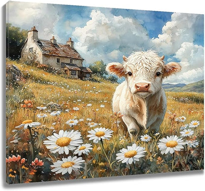 LB Rustic Farmhouse Cow Wall Art Vintage Floral Daisy and Green Plant Tree Canvas Wall Art Blue Sky White Cloud Wall Decor for Living Room Bedroom Bathroom Office Framed Ready to Hang 16L x 20W