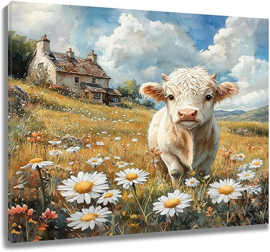 LB Rustic Floral Cow Wall Art Vintage Farmhouse Cabin Animal Daisy Canvas Wall Art White Flower Wall Decor for Living Room, Bedroom, Office - Ready to Hang 12x16 Inches