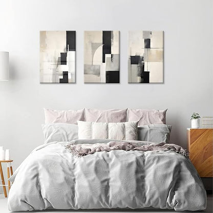 3Pcs Framed Neutral Abstract Canvas Wall Art Pictures Modern Minimalist Posters Prints Beige Black Brown Simple Wall Decoration for Living Room Bedroom Bathroom Office 16x24in