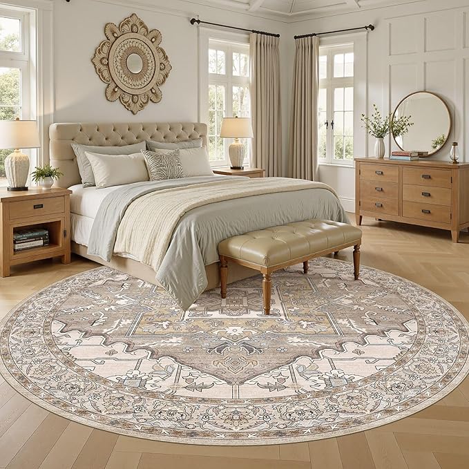 8ft Round Rug for Living Room: 8x8 Washable Vintage Brown Area Rug, Large Non Slip Soft Stain Resistant Indoor Floor Carpet for Bedroom Dining Decor Home Office Kid & Pet Friendly