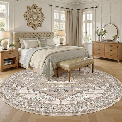 8ft Round Rug for Living Room: 8x8 Washable Vintage Brown Area Rug, Large Non Slip Soft Stain Resistant Indoor Floor Carpet for Bedroom Dining Decor Home Office Kid & Pet Friendly