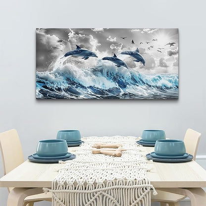 Wapluam Large Wall Decor For Living Room Framed Canvas Wall Art For Bedroom Blue Waves Of The Sea Wall Pictures Artwork Fashion Office Canvas Art Prints Dolphins Seascape Paintings Home Decoration