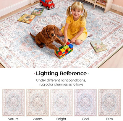 CAPALOCA Machine Washable Rugs Nursery Rug 7x9 Cute Girl Non Slip Low Pile Water Repellent Soft Print Pattern for Bedroom Indoor Decor Kids Playroom Pink Blue
