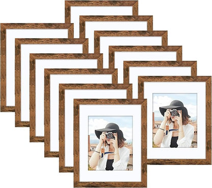 Picrit 8x10 Picture Frame Set of 12, Display 5x7 with Mat or 8x10 without Mat, Photo Frames for Wall Mounting or Table Top Display, Brown