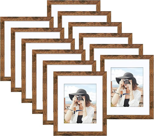 Picrit 8x10 Picture Frame Set of 12, Display 5x7 with Mat or 8x10 without Mat, Photo Frames for Wall Mounting or Table Top Display, Brown
