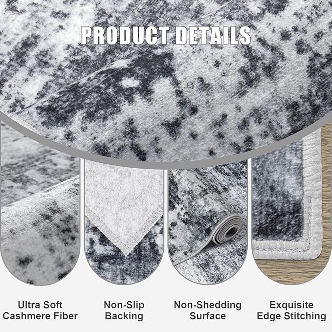 Round Area Rug for Living Room: 5 ft Washable Modern Abstract Soft Thin Rug Indoor Floor No Slip Stain Resistant Carpet for Bedroom Dining Room Farmhouse Nursery Home Office - Dark Black