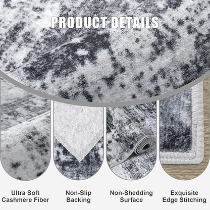 Round Area Rug for Living Room: 5 ft Washable Modern Abstract Soft Thin Rug Indoor Floor No Slip Stain Resistant Carpet for Bedroom Dining Room Farmhouse Nursery Home Office - Dark Black