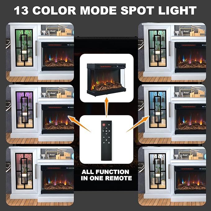 59 Inch LED TV Stand with 3-Side Glass Fireplace, Modern Media Entertainment Center Console Table for TVs up to 65 Inch with Adjustable Flame & LED Color, 24’’ Fireplace, Highboy, Antique White