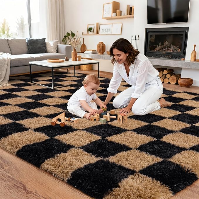 Upgrade Non-Slip Plush Rugs for Living Room, Soft Shaggy Carpets for Living Room, Fuzzy Rugs for Kids' Room, Perfect Decor for Modern Home Grid 5x7Feet