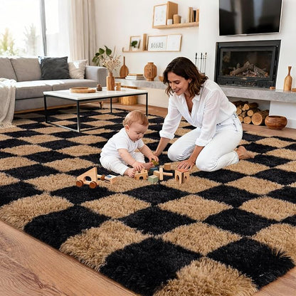 Extra Large Plush Rug High Pile Fluffy Rug for Living Room, Big Plush Non-Skid Shag Carpet, Soft Shaggy Rugs for Bedroom Indoor Modern Home Decor Grid 9x12ft