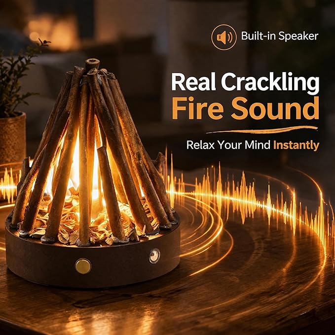 Rechargeable Campfire Night Light with Crackling Sound, Realistic Flame Lamp, 3 Modes, Timer, Portable Wireless Ambient Light for Bedroom Living Room (Natural Wood)