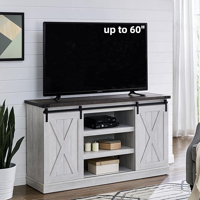 EDYO LIVING Farmhouse TV Stand for 60 Inch TV, Wood TV Stand with Sliding Barn Door, Entertainment Center with Storage Cabinet, Rustic Media Console for Living Room Bedroom, Ash Gray