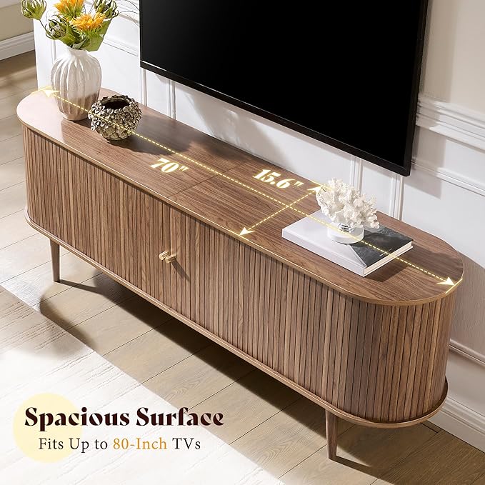 AMERLIFE 70" Mid-Century Modern TV Stand, TV Console Table for TVs up to 80 Inch, Fluted Wood Media Console with Storage, Solid Wood Legs, Walnut