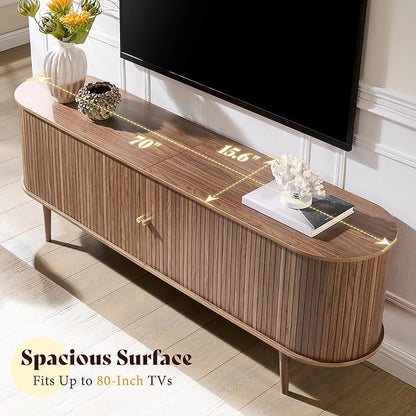 AMERLIFE 70" Mid-Century Modern TV Stand, TV Console Table for TVs up to 80 Inch, Fluted Wood Media Console with Storage, Solid Wood Legs, Walnut