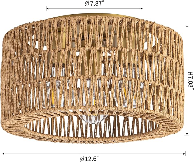 Rattan Ceiling Light Fixture, 3 Light Bohemian Modern Woven Ceiling Light, Boho Flush Mount Ceiling Light for Bedroom Living Room Dining Room, Bulb NOT Included