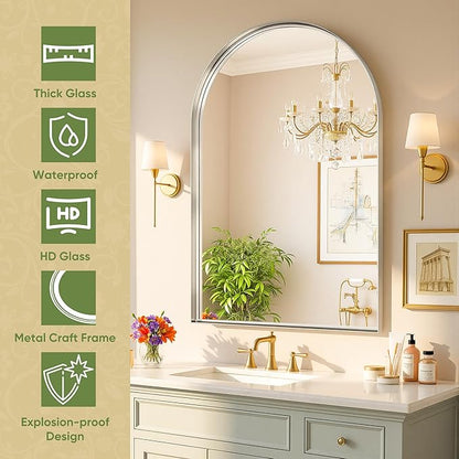 Arched Bathroom Mirror, 24x36 Inch Silver Arched Wall Mirror with Metal Deep Frame, Arch Mirrors for Wall Decor, Vanity, Entryway, Living Room