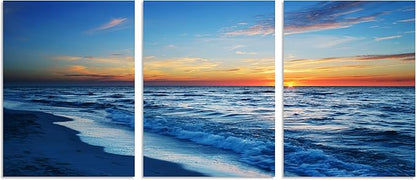 TutuBeer 3 Panels Beach Pictures Wall Art Beach Canvas Wall Art Blue Ocean at Sunrise Picture Print on Canvas Sea Artwork for Walls Seascape Pictures for Home Decor Ready to Hang 16x32inchx3