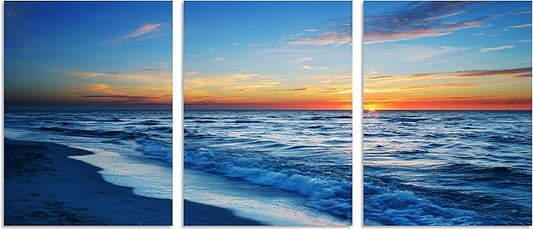 TutuBeer 3 Panels Beach Pictures Wall Art Beach Canvas Wall Art Blue Ocean at Sunrise Picture Print on Canvas Sea Artwork for Walls Seascape Pictures for Home Decor Ready to Hang 12x16inchx3