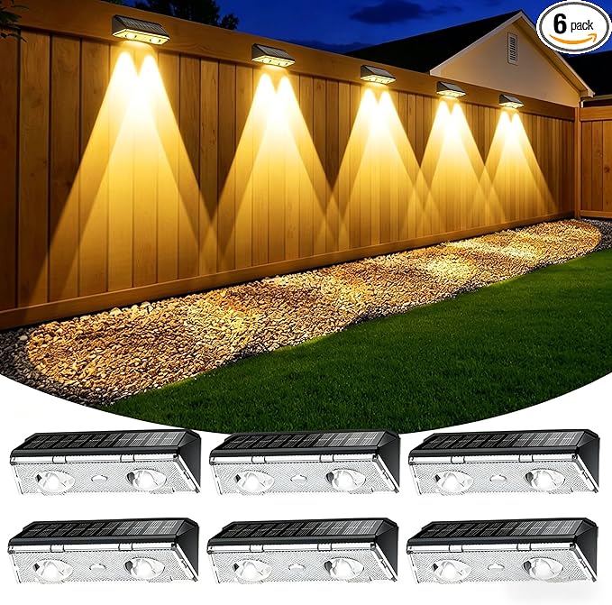 Solar Fence Lights Outdoor, 6 Pack IP65 Waterproof Fence Lights Solar Powered with Ultra-Bright LED Lens, 9 Color Modes, 12+ Hours Steady Glow for Deck/Backyard/Patio/Pool/Wall - Pure Black