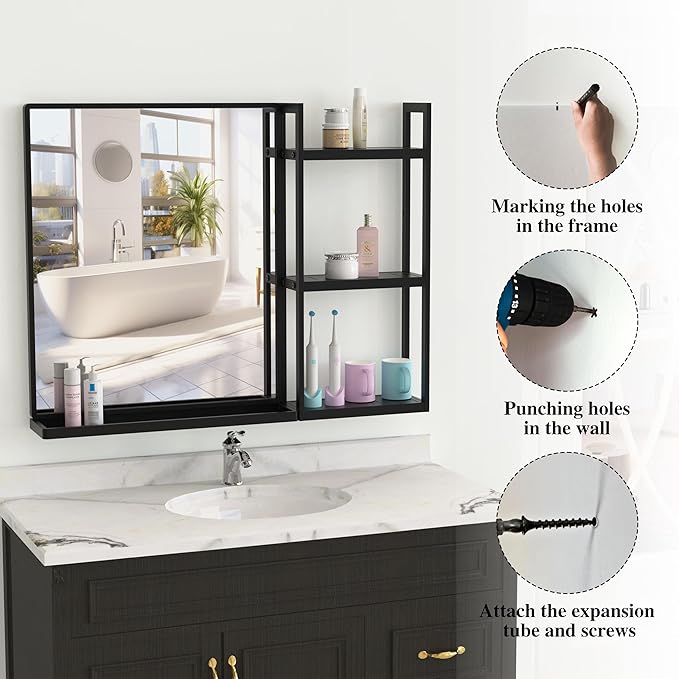 Black Metal Framed Bathroom Mirror with Shelf, 24.4 X 31 in Rectangular Wall Mounted Bathroom Vanity Mirror, Modern Bathroom Mirror with Storage for Over Sink, Entryway (Black)