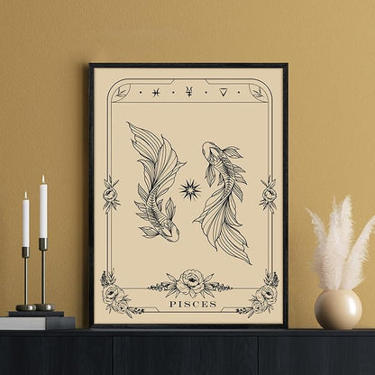 SERIMINO Witchy Framed Wall Art, Pisces Tarot Canvas Prints Paintings, Horoscope Dark Academia Home Decor Aesthetic, 12X16inch Gothic Wall Decor for Room
