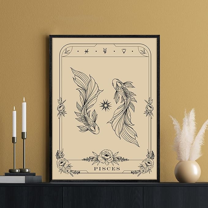 SERIMINO Witchy Framed Wall Art, Pisces Tarot Canvas Prints Paintings, Horoscope Dark Academia Home Decor Aesthetic, 16x24inch Gothic Wall Decor for Room