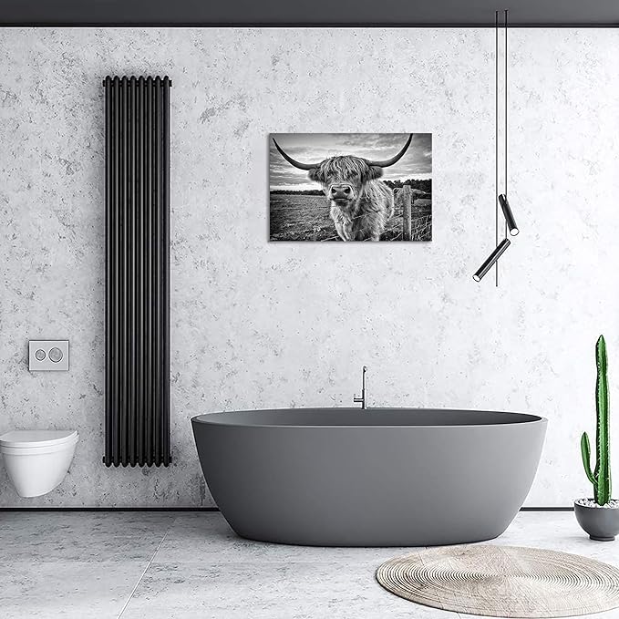 Highland Cow Canvas Wall Art Black and White Cow Photos for Wall Nature Cow Picture Framed Animal Poster Artwork for Bathroom Decor (16x24inches)