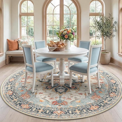 RELEANY Area Rugs Round 7ft Washable Non-Slip, Floral Vintage Distress Print Pattern Medallion Carpet for Living Room Bedroom Dining Room, Beige Navy Blue Orange Colorful