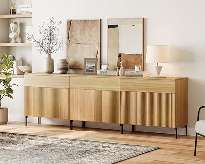 WAMPAT Fluted TV Stand TVs up to 100 inch, 94.5" W Modern TV Entertainment Center with Storage Cabinets and 3 Drawers & 6 Doors, Wood Media TV Console Table with Storage for Living Room, Oak