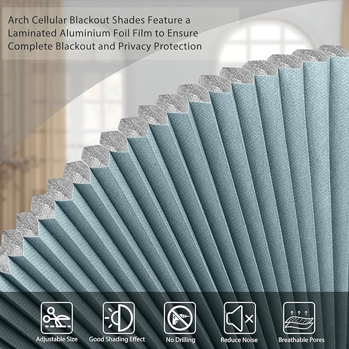 Arch Window Shade Blackout Cellular Shades Half Circle Moon Window Covering No Drill Honeycomb Cordless Blinds for Indoor Window Room Darkening Easy Install Light Blocking Blinds (1, Blue, 36x18inch)