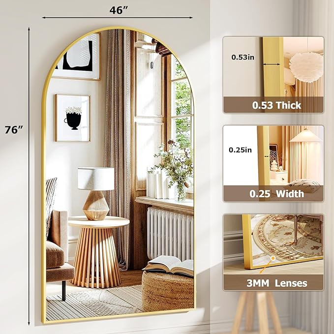 Easly 46"x76" Arched Full-Length Mirror, Oversized Floor Mirror with Stand, Freestanding or Wall-Mounted Full Body Mirror for Living Room, Bedroom, or Cloakroom, Gold