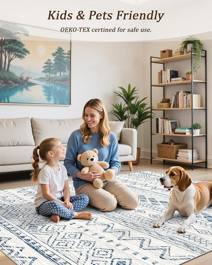 Miukiki 5x7 Area Rug for Living Room Moroccan Washable Rugs Non Slip Indoor Floor Carpet Foldable Large Soft Area Rug for Dining Room Bedroom with Low Pile(Blue,5'x7')