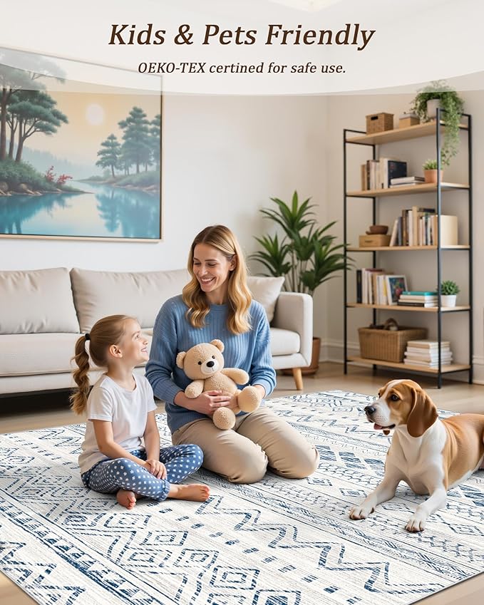 Miukiki 6x9 Area Rug for Living Room Moroccan Washable Rugs Non Slip Indoor Floor Carpet Foldable Large Soft Area Rug for Dining Room Bedroom with Low Pile(Blue,6'x9')