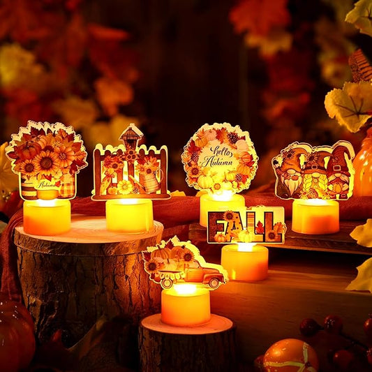 Tuanse 6 Pcs Hello Autumn Tea Lights Candles Fall Table Centerpieces for Dinner Fall LED Flameless Tealight Candles Thanksgiving Table Centerpieces for Home Office Kitchen Indoor Party Decor
