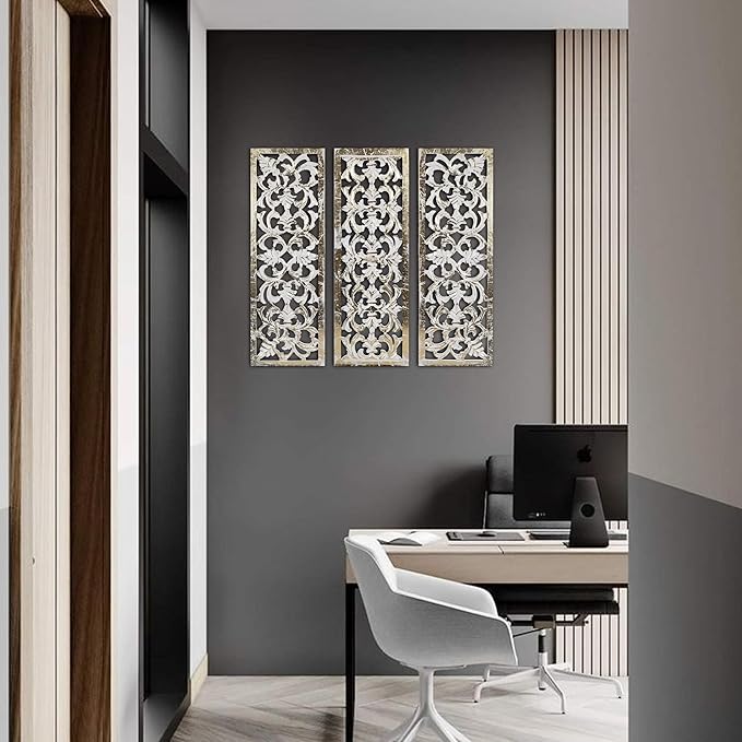 The Wooden Town Wall Hanging Plaques Set of 3-36x12 Decorative Wall Art Panels, Gold Foil on White Wood - Elegant Sculpture Wall Décor for Living Room, Bedroom, Office, or Entryway