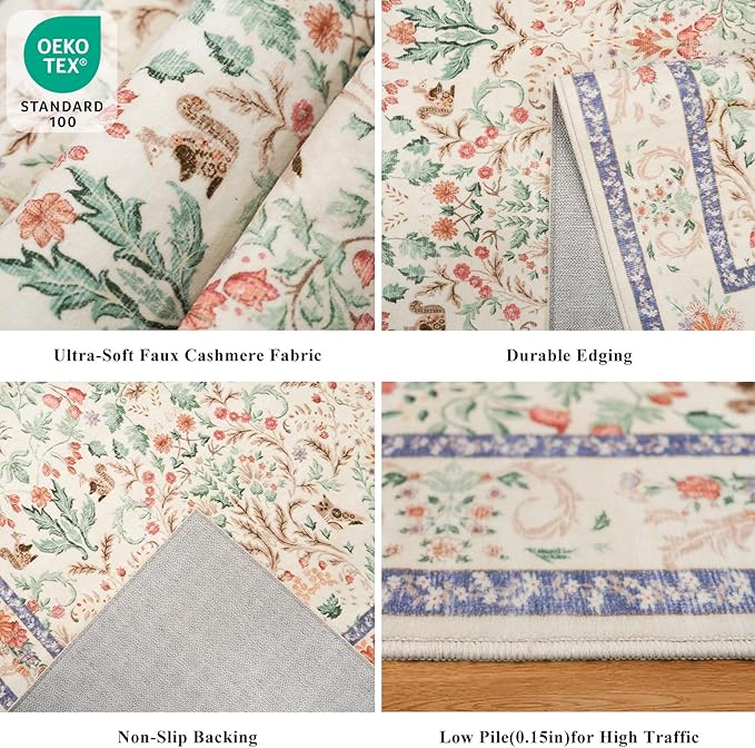 3x6 Botanical Rug Washable Non-Slip – Soft Wide Floor Carpet Runner for Kitchen Entryway Hallway Bathroom, Vintage Florals Animals Low Pile Area Rug (Cream)